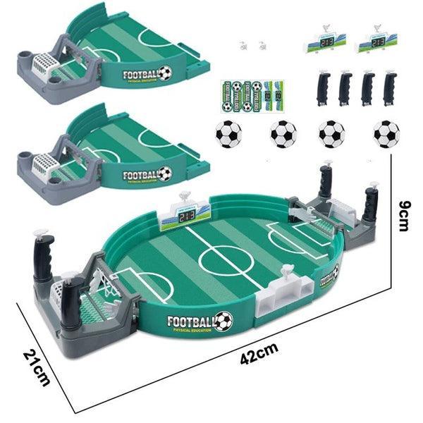 Mesa de futebol interativa infantil verde com gols, bolas e acessórios, brinquedo educativo para crianças.